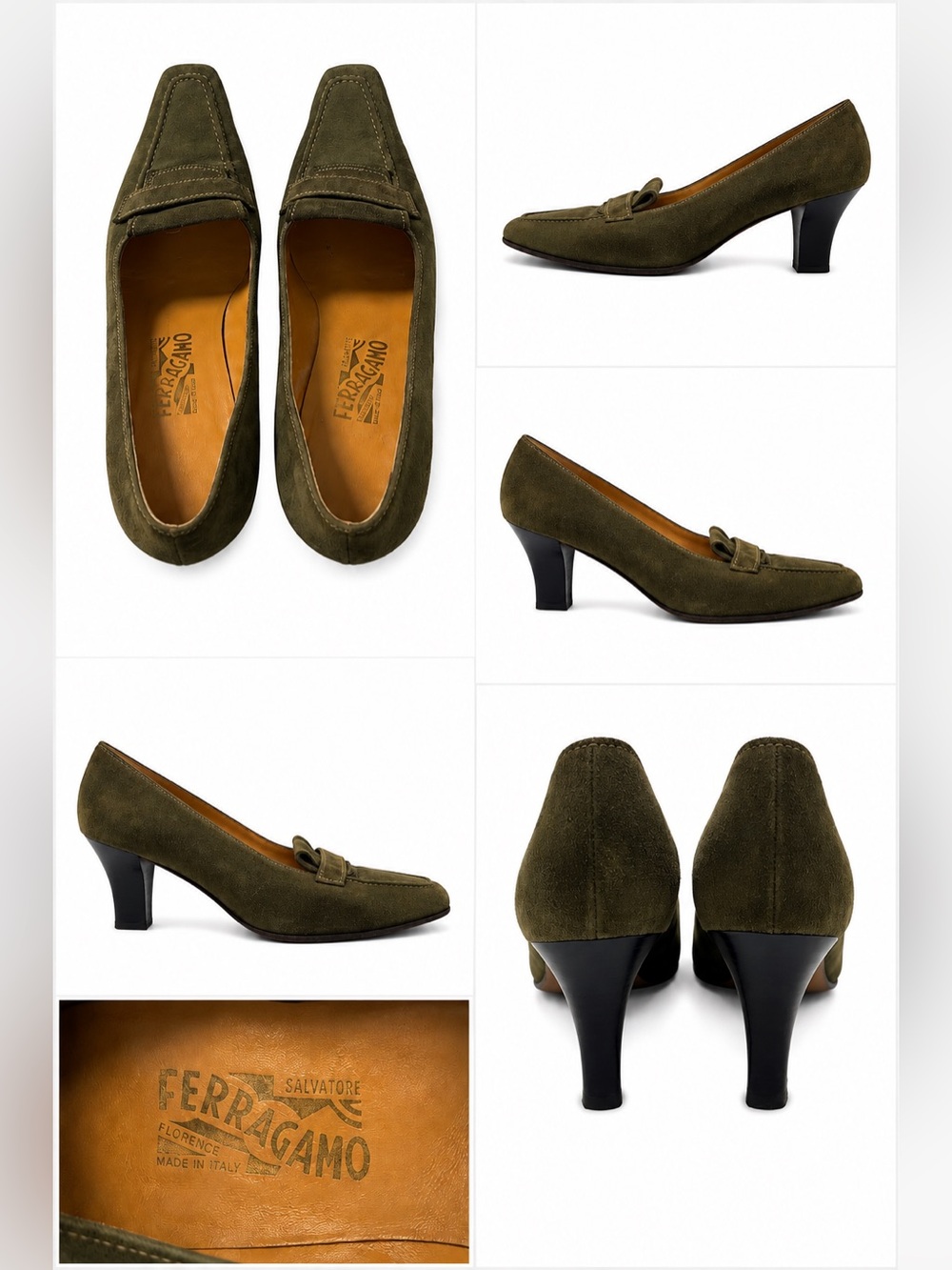Salvatore Ferragamo Vintage Olive Green Suede Square Toe Pumps Size 8